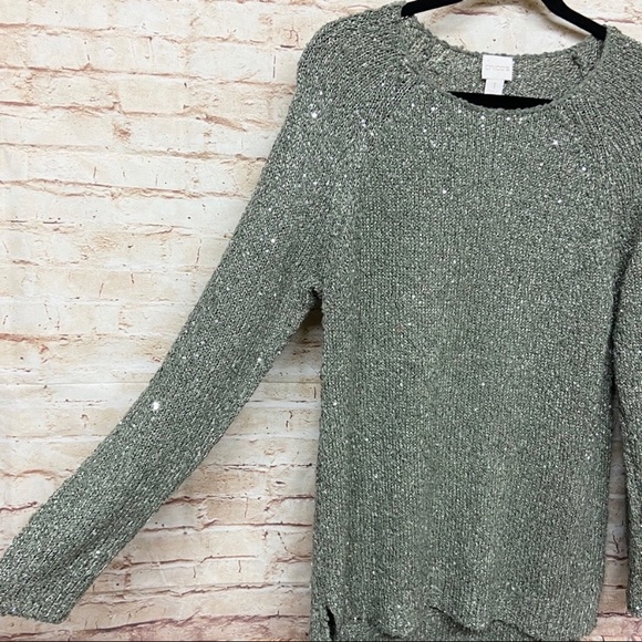 Chicos Womens Sequin Shine Claire Pullover Sweater Size 1 (M) Knit Fatigue Green - Picture 5 of 7
